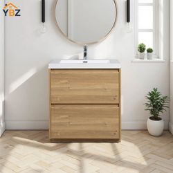 New Angela-T Natural Oak Bathroom Vanity Single Sink White Countertop