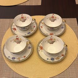 Vintage Theodore Haviland “Coromandel” Set Of 4 Tea Cups With Saucers