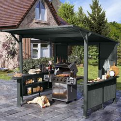 9X10FT Hardtop Grill Gazebo, Lean to Outdoor BBQ Gazebo with Storage Shelves and Expansion Platform, Galvanized Steel Permanent Hard top Grill Canopy 