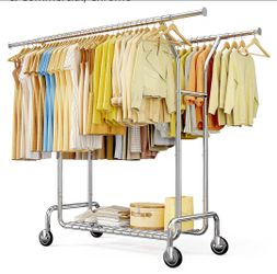 BRAND NEW IN BOX

Raybee Heavy Duty Clothes Rack Load 630 LBS, Double Rods Rolling Clothing Rack with 360° Lockable Wheels, Easy Assembly, Portable Ad