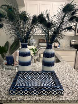 Blue and White Ceramic Vase Set with Tray