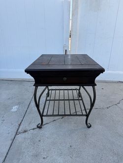 Rustic Wood & Wrought Iron Side Table w/ Drawer and Lower Shelf