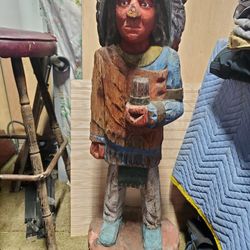 Vintage Wooden Cigar Indian Statue, Hand-Carved Folk Art