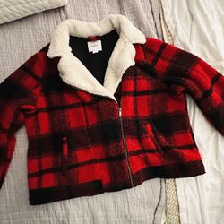 Old Navy, Black And Red Plaid Sherpa Jacket