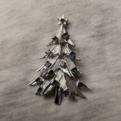 Vintage Silver Tone Blue Rhinestone Christmas Tree Pin