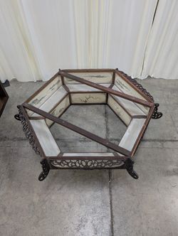 Hexagonal Dark Wood Lamp Shade with Painted Panels