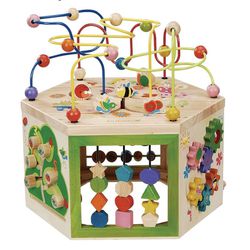EverEarth Garden Activity Cube. Wood Shape & Color Sorter, Bead Maze & Counting Baby Toy