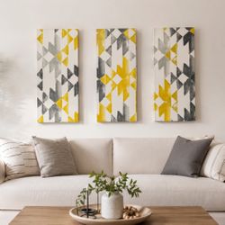 Moving Sale: Modern Abstract Canvas Wall Art Set of 3 | Mustard Yellow & Gray | Ready to Hang 
