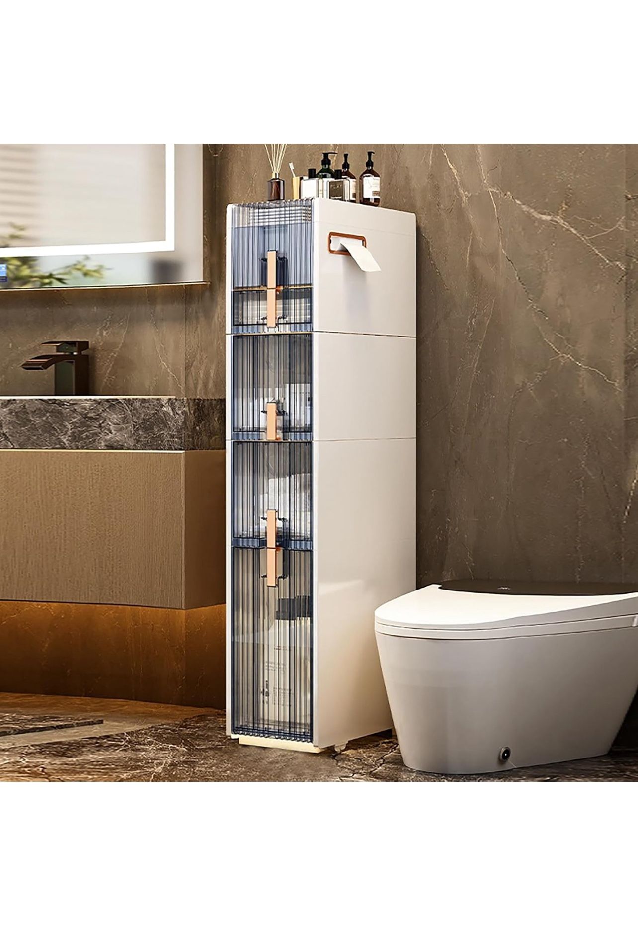4 Tiers Bathroom Slim Storage Cabinet with Clear Drawers, Floor Narrow Cabinet with Wheels Standing Toilet Paper Holder with Large Capacity for Bathro