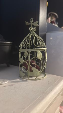 dead rose in tiny metal bird cage