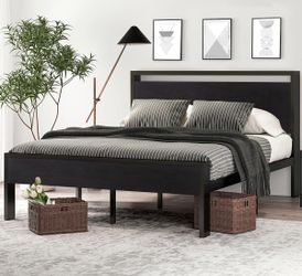 Full Size Bed Frame, Wooden Headboard and Footboard, Black Oak