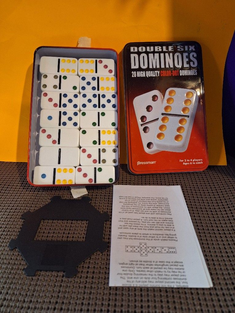 Double Six Color Dot Dominoes Game Tin case 28 ct complete-$10.00