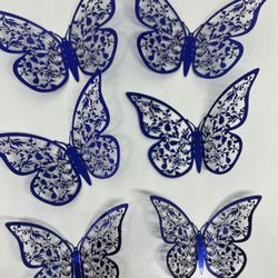 12 Royal Blue 3D Reflective Wall Decor Butterflies 