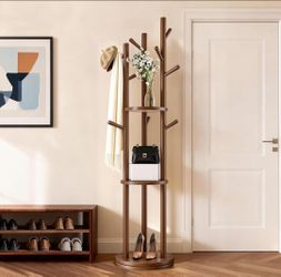 Solid Wood Rotary Coat Rack, Coat Rack Freestanding with 3 Storage Shelves & 9 hooks, Coat Tree for Entryway, Livingroom, Bedroom, Coat Hanger Stand f