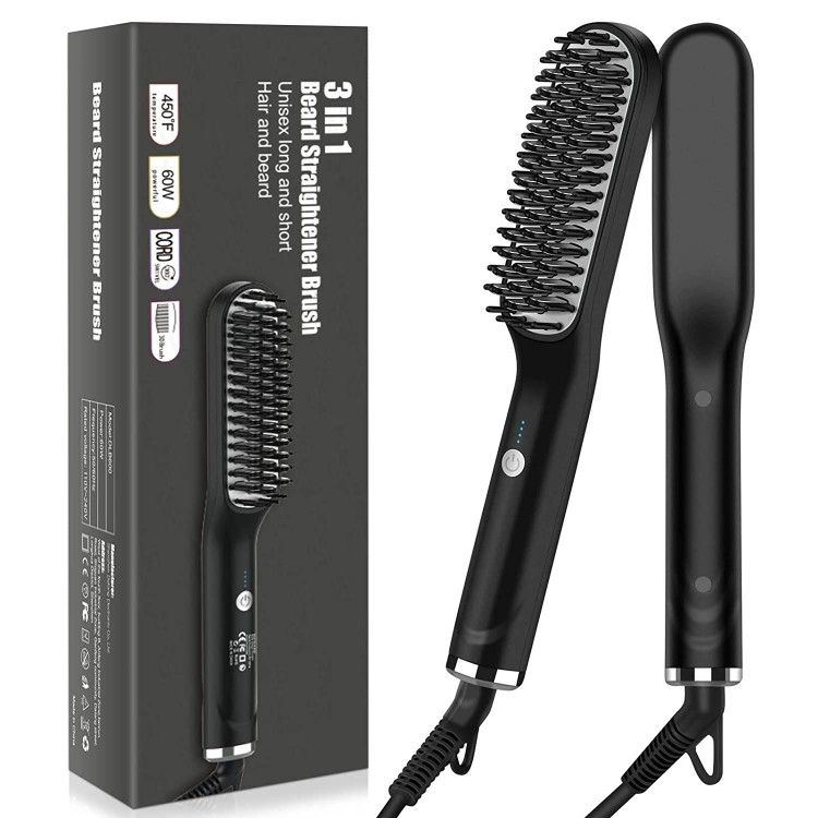 Beard Straightener Brush for Men: 3 in 1 Electric Ionic Hot Mustache Comb Tame Grooming Wild Portable Blow Dryer Styler with Temperatures & Quick Heat