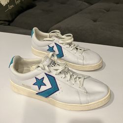 👟 Custom Converse Low-Tops – White Leather w/ Teal & Blue Accents – Size 10.5* (Men’s)