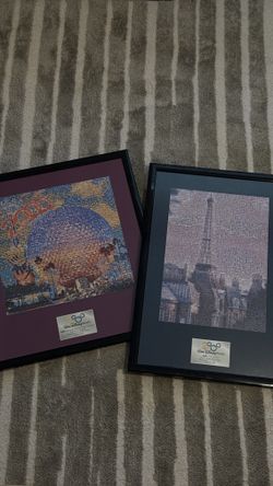 Epcot Spaceship Earth & Epcot France Pavilion Photomosaic 1999-2000 Framed Set