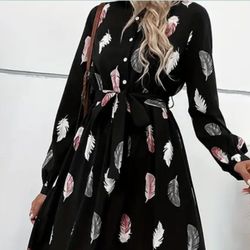 Feather Print Button Front Dress