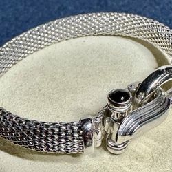 FREE SHIPPING! Gabrielle Bruni 925 Silver & Onyx Popcorn Mesh Hook Bangle 6.75” Lot#761