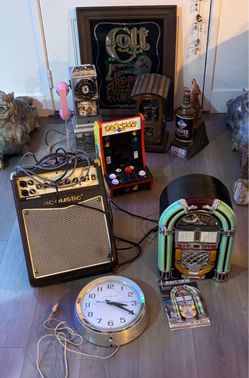 Stuff For Sale, PacMan Arcade 1Up 3 in 1 Table Top, Colt Arms Glass picture, Decanter, GE Clock +++