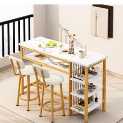  3-Piece Bar Table and Chairs Set, Modern White Faux Marble Table with 2 PU Cushion Bar Stools, Kitchen Counter with 3 Tier Storage Shelves, Space Sav
