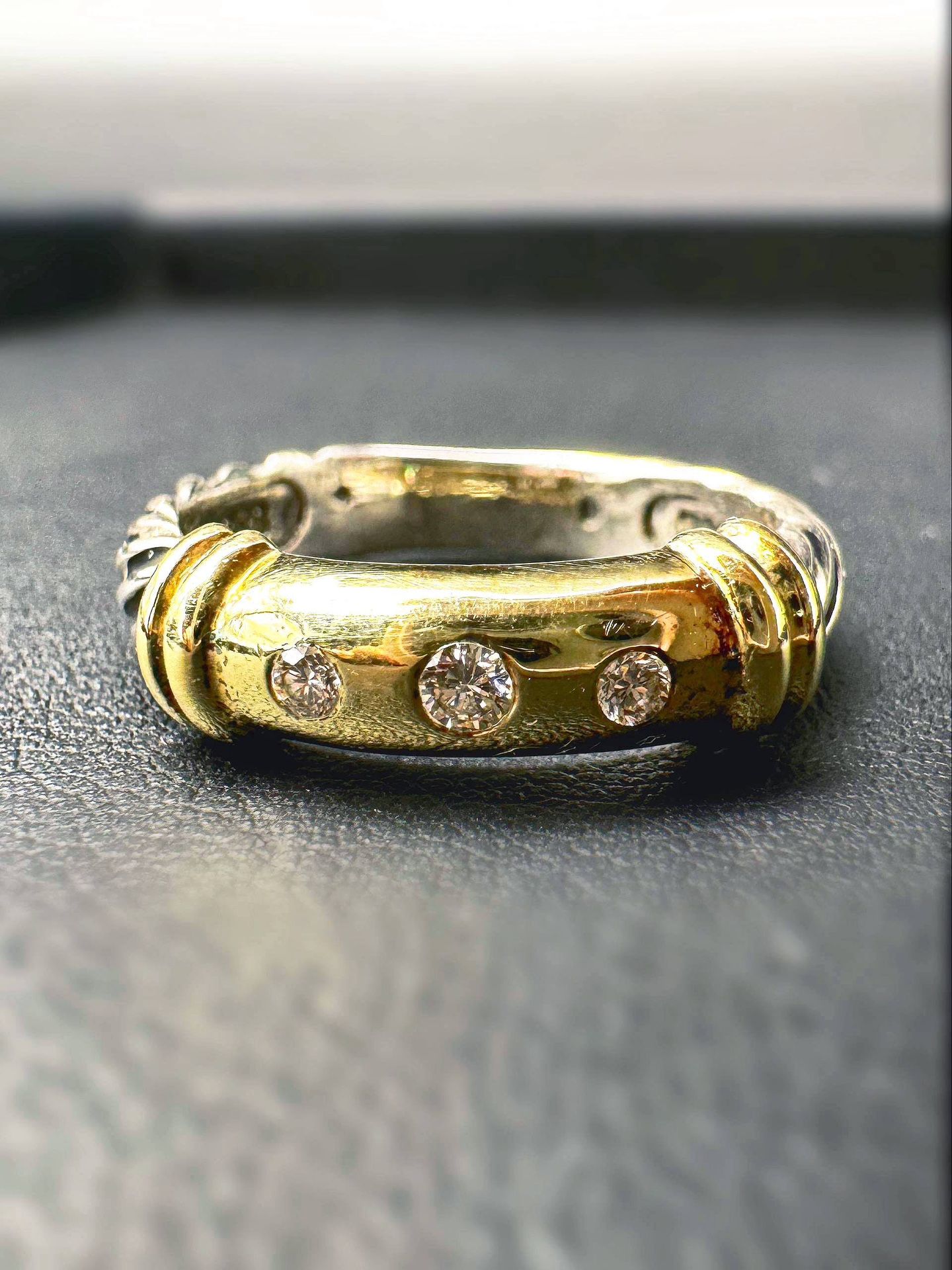 David Yurman 14k Gold & 925 Sterling Silver 5mm Cable Metro 3 Diamond Ring sz7.5