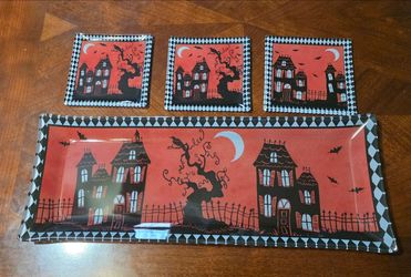 Halloween Haunted House Glass Tray and Plate Set