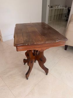 Antique Wood Pedestal Side Table with Casters