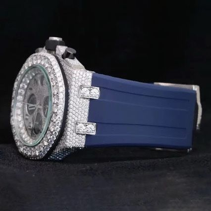 Half Iced Out Blue Band Moissanite Diamond Luxurious Chronograph Watch