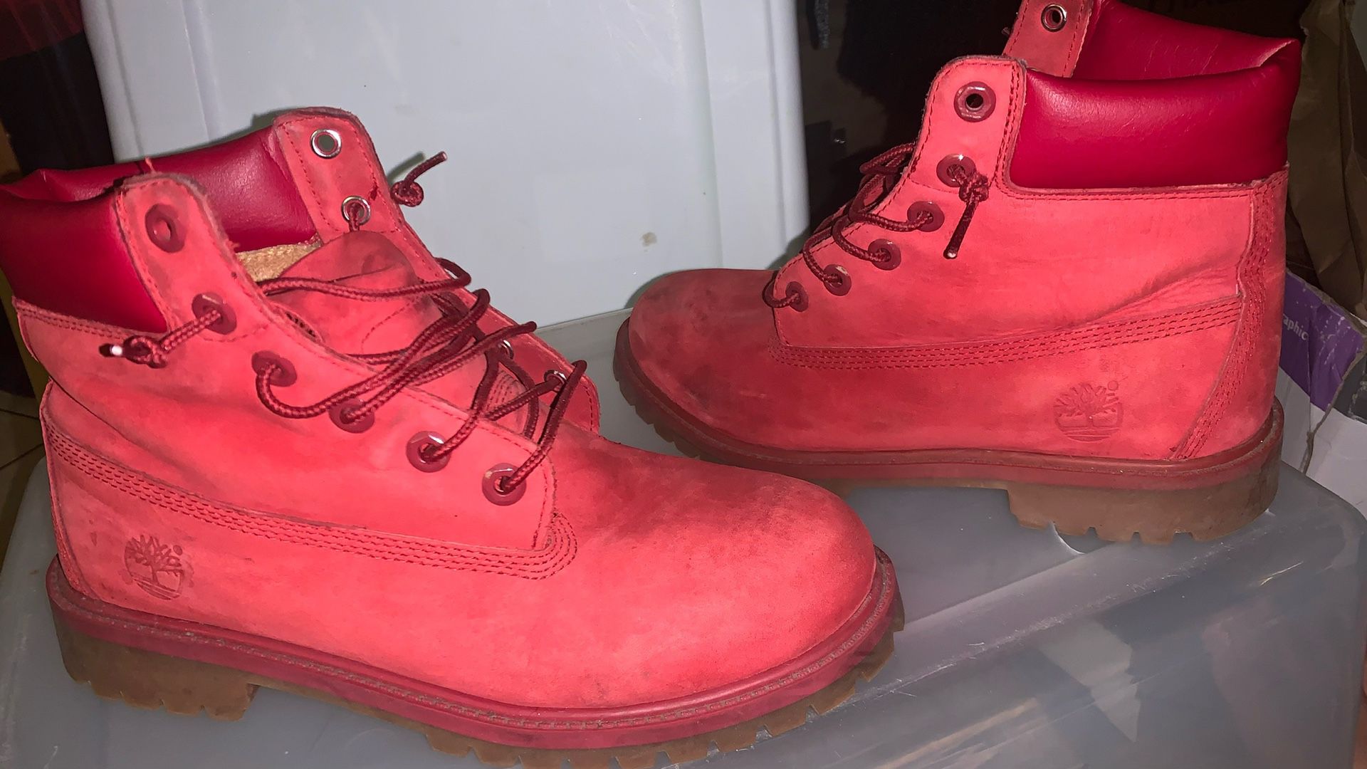 Red Timberland  Suede Combat Boots Size 6.5Y