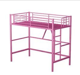 Twin Size Metal Loft Bed, Pink Heavy Duty Bed Frame with Removable Ladder, Safety Guardrail and Space-Saving Design Bed,BRAND NEW