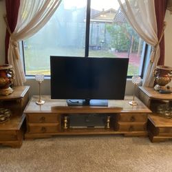 Solid Wood TV Entertainment Center with 2 Side Cabinets