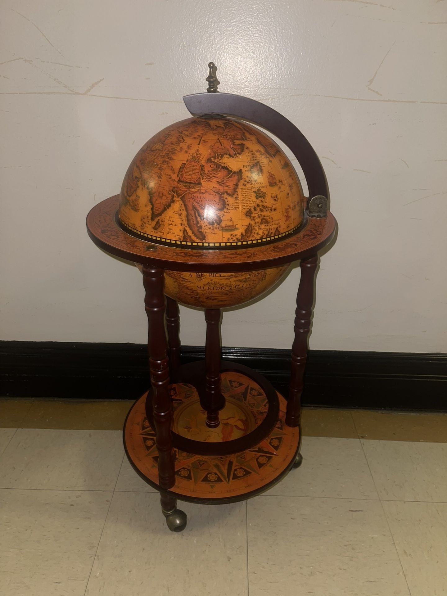 Moccha 17" Globe Wood Wine Bar Stand, 16th Century Italian Replica Liquor Bottle Shelf w/Wheels, Wood Wine Cart Cabinet w/Bottom Shelf, Globe Wine Org
