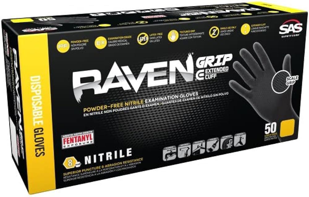 SAS Raven Powder-Free Black Nitrile Gloves CASE (10 BOXES)