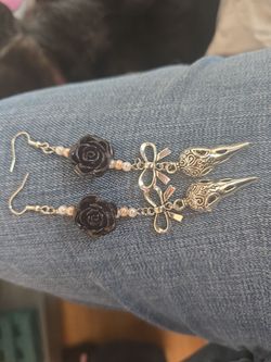 Black Rose Bow Dangle Earrings