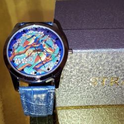 STRADA Bird enameled pattern watch with Blue faux leather band & Stainless steel back