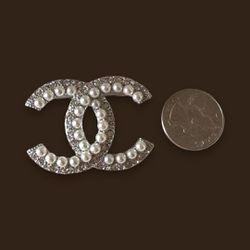 Chanel Silver Double C  w/ pearls & Crystals Brooch Pin 