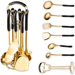 Gold Kitchen Utensils,7pieces Gold Cooking Utensils Set,Kitchen Tools Set With Utensil Holder, gold kitchen accessories,Dishwasher Safe, Easy To Clean