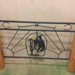 Full Size Pine With Black Metal Cowboy Themed Accent, Headboard And Footboard