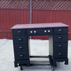 black wood vintage desk with Red top 7 drawers