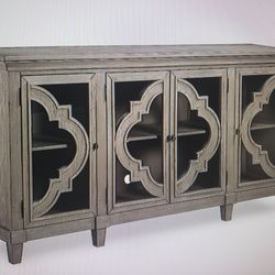 Elegant Console For Tvs Up To 85 Inch Fossil Ridge Accent Cabinet Console with Quatrefoil Pattern, Can Be Used Also, As A Dinning Room