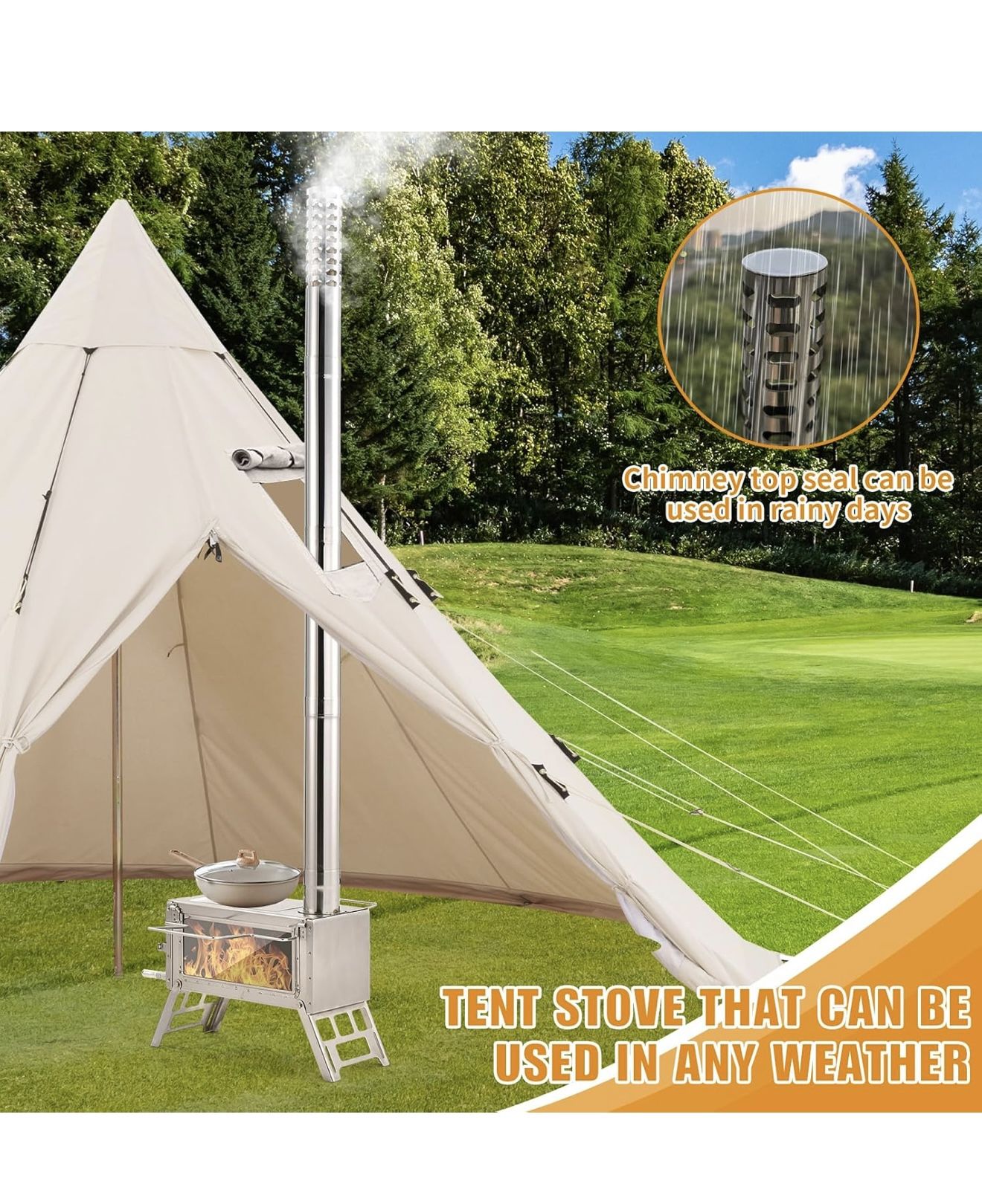 Portable stove tent wood burning outdoor chimney pipe camping hiking fishing stainless steel heater Cooking Fireplace