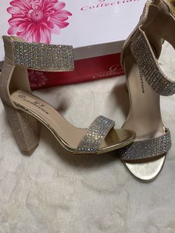 Gold sparkly glitter badazzled ankle strap chunky heel size 5.5