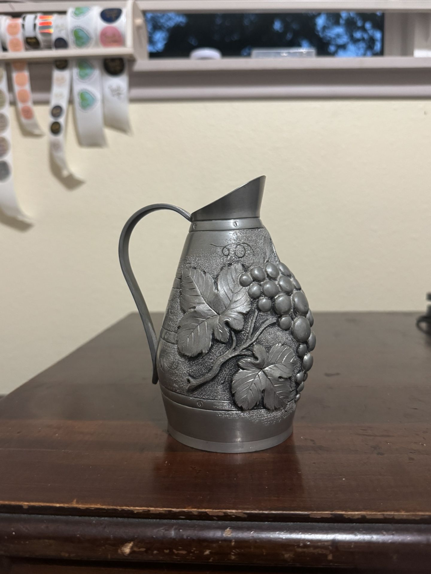 Vintage Etain D’art Pewter Pitcher With Grapes And Grapevine Design