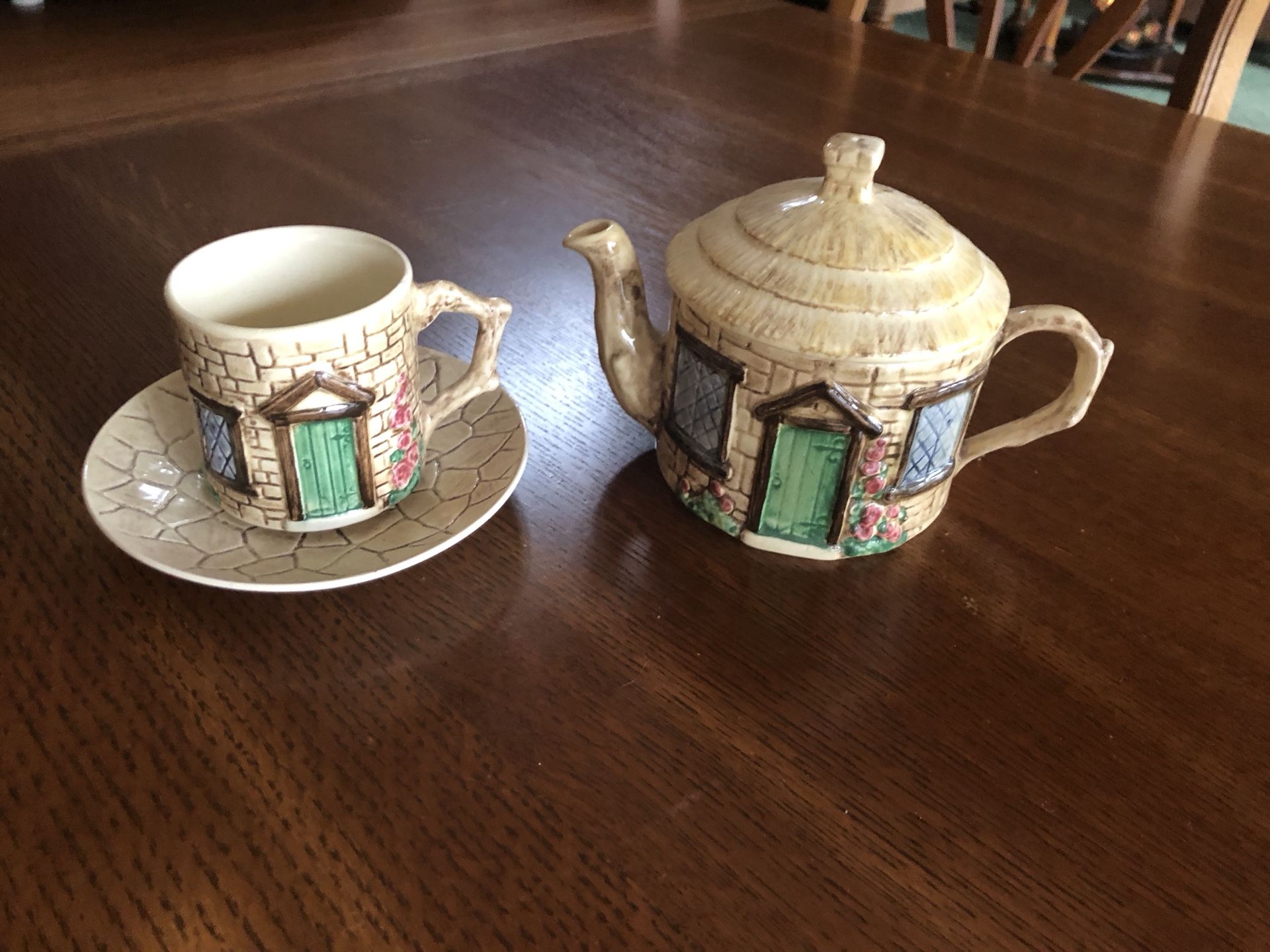 Vintage Sylvia Croft Ceramic Cottage Teapot, Cup and Saucer