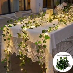 5m / 50 LEDs / Green Leaf Fake Plants String Light Battery Powered Waterproof String Light For Wall House Room Office Birthday Decor