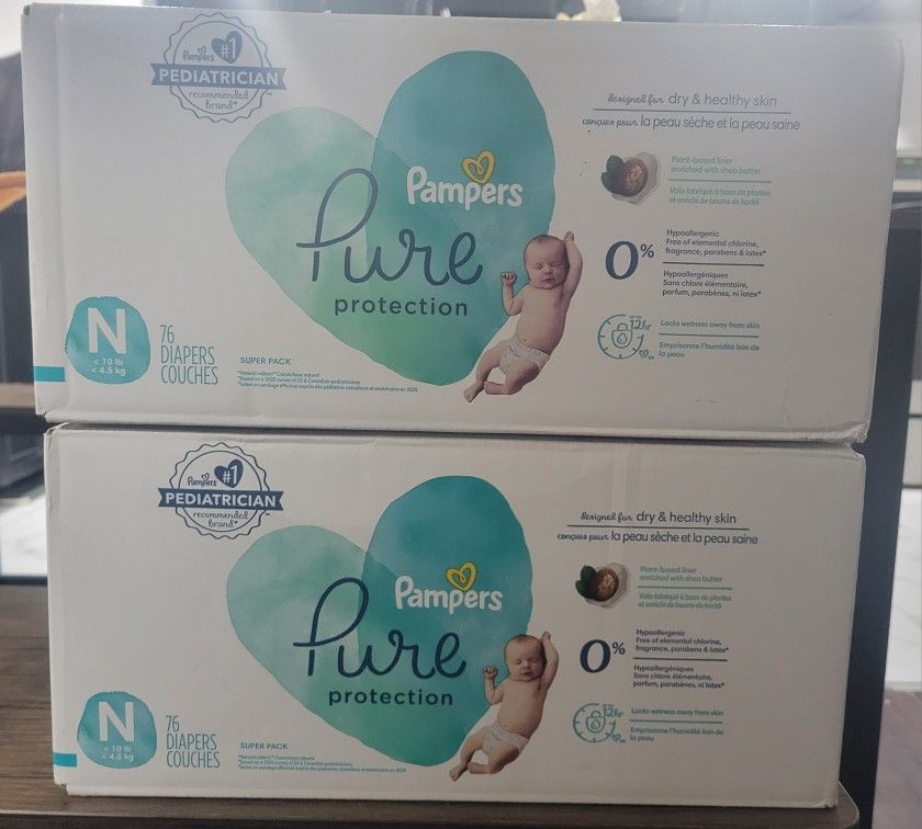 2 Boxes Of Pampers Pure Protection For Newborns! 76 Diapers Per Box!