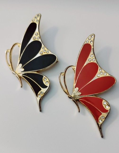 Pretty Pair Of Red And Black Diamonte Butterfly Brooches, Vintage From The 80's