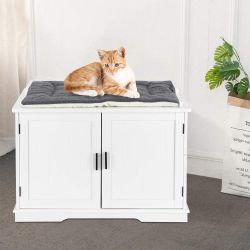 Cat Litter Box Enclosure, White Cat Washroom Storage Bench Nightstand Side Table Kitty House Furniture Privacy Cat Crate