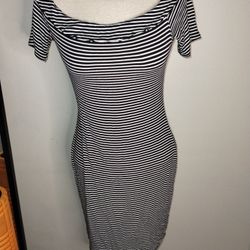 Decree Womens Dress Black White Striped Off Shoulder Stretch BODYCON MEDIUM 